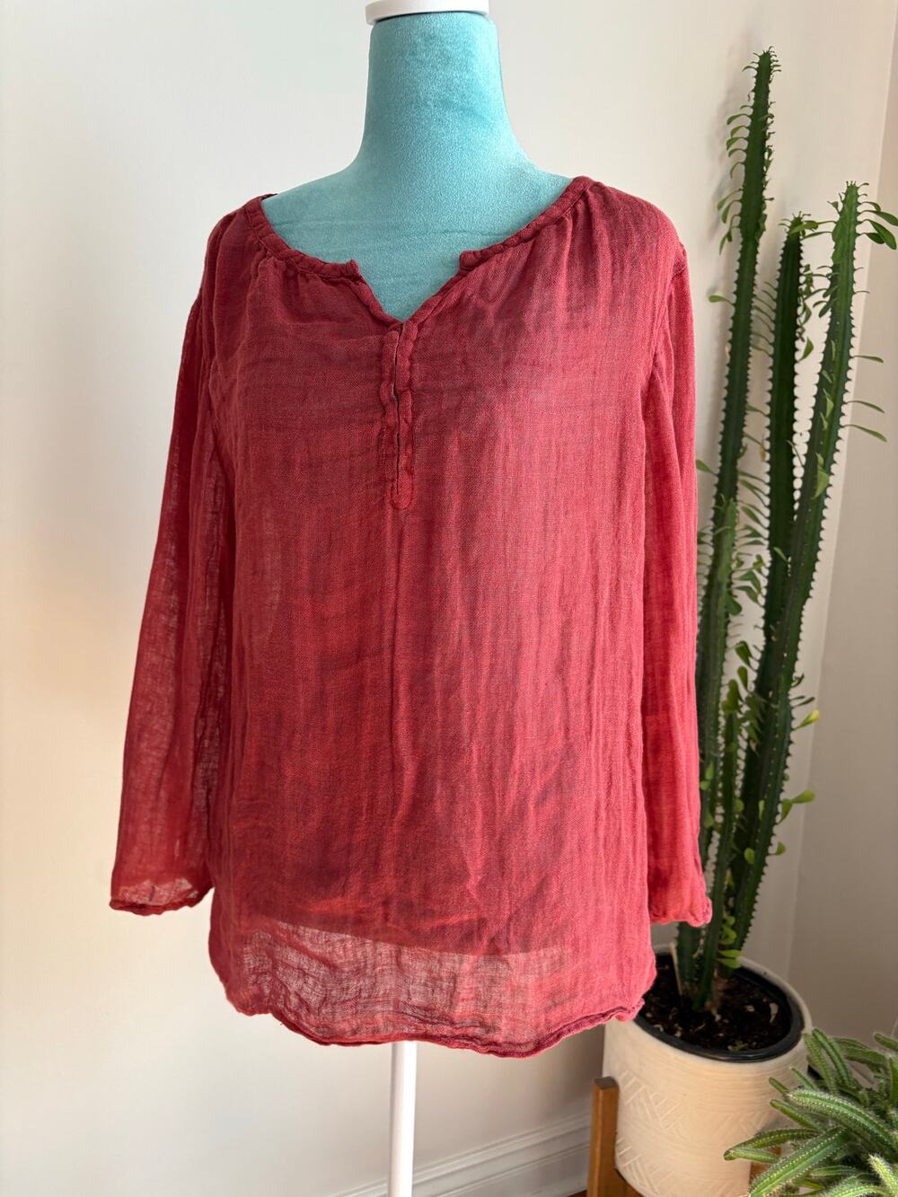Eileen Fisher Red Sheer Linen Gauze Tunic Blouse Minimalist Lagenlook Boho